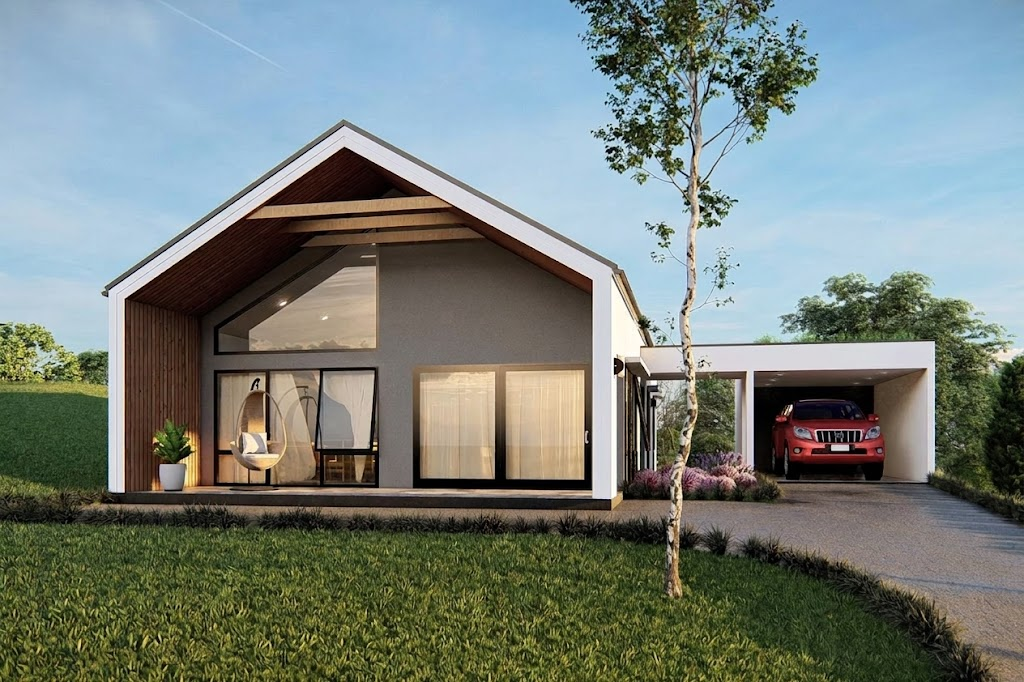 Front view of the Nordic Gable home with a pitched roof, verandah and carport