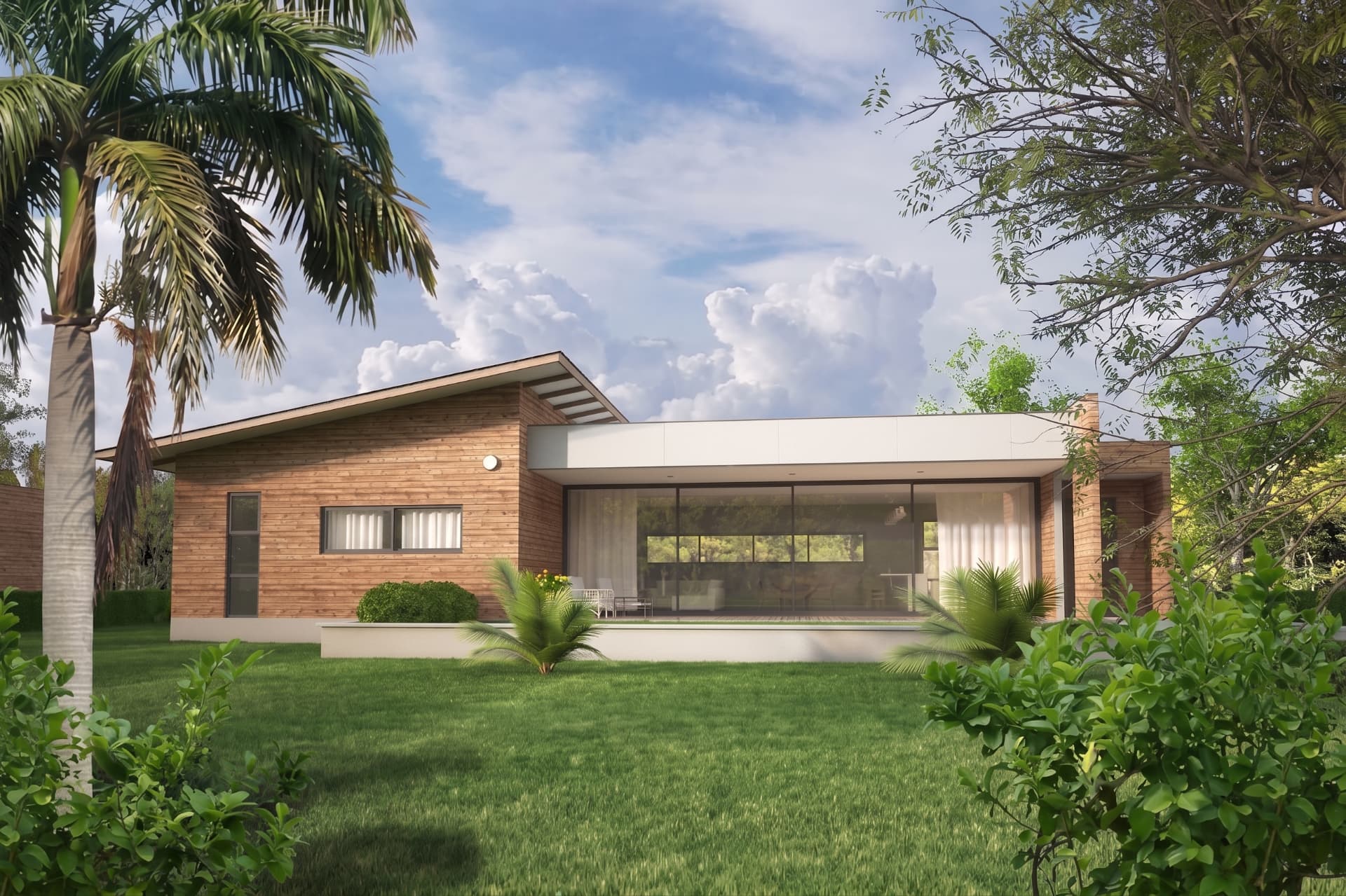 Garden-front perspective of the three-bedroom single-storey home
