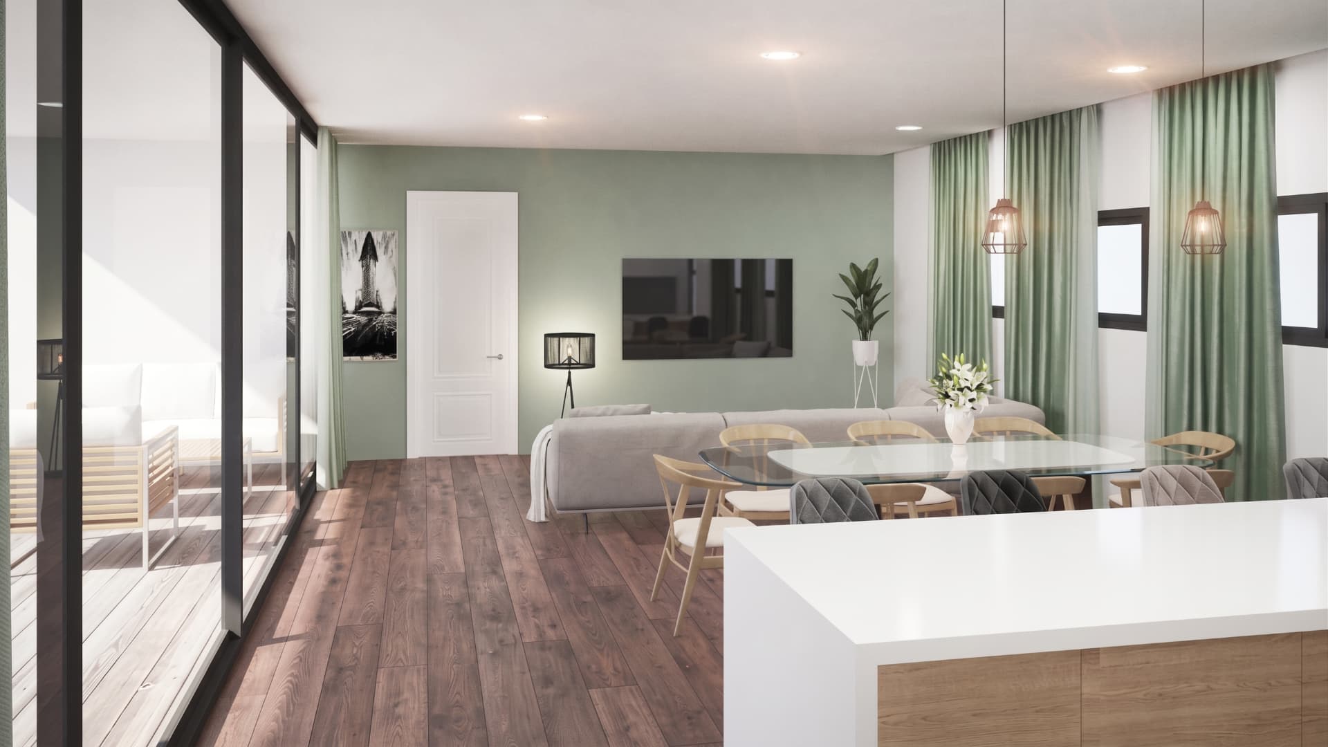 Proposed open kitchen and dining space of the three-bedroom home