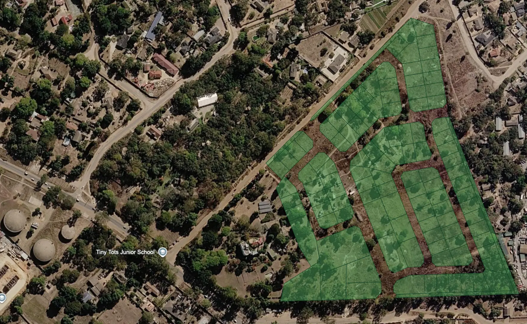 Aerial view of the Samkange Castle Estate site with the residential stand layout highlighted in green