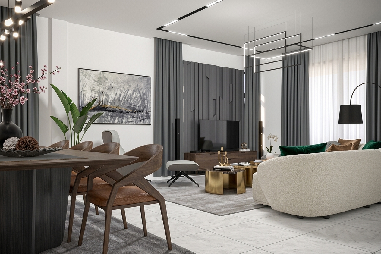 Proposed dining and lounge interior of the three-bedroom home