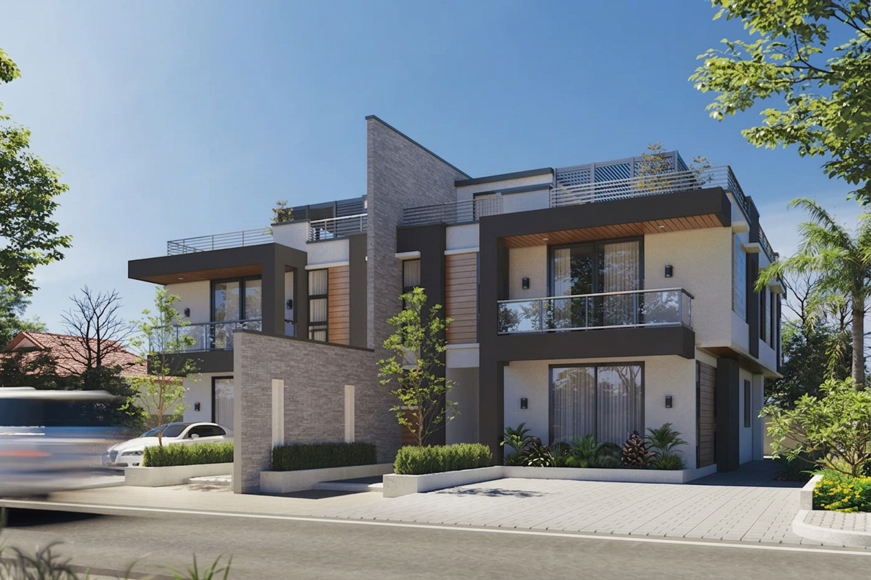 Front-angle architectural rendering of the Samkange Castle Estate duplex