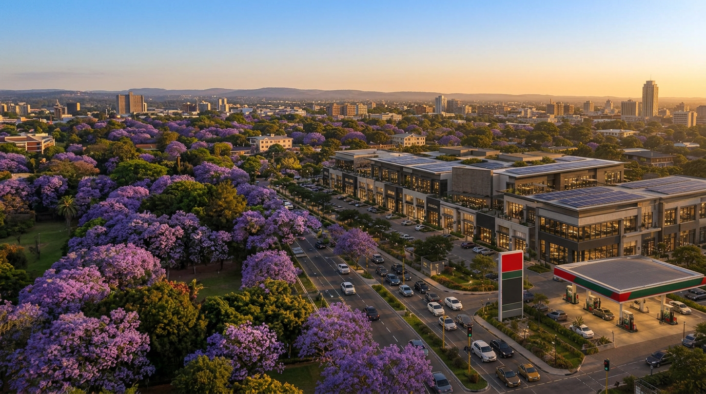 Aerial view of the Samkange Castle Estate commercial precinct at golden hour